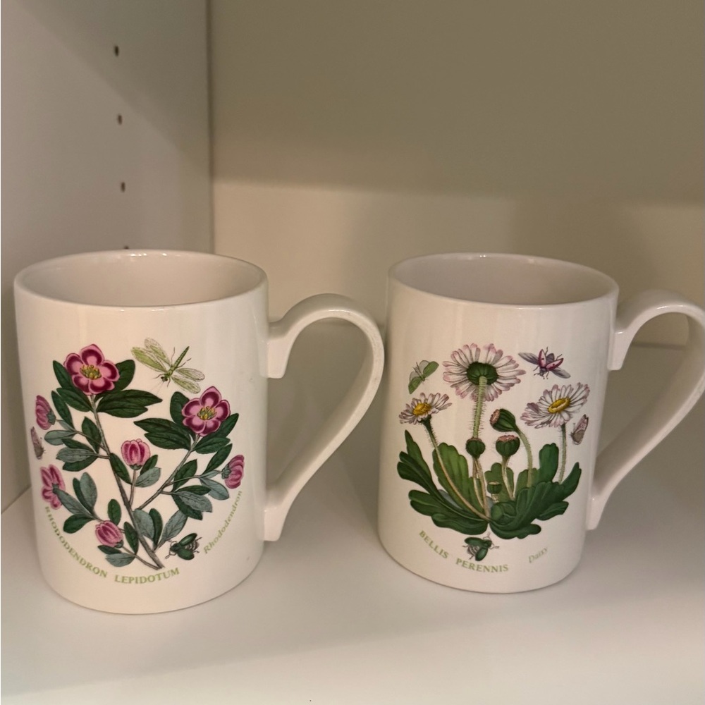 Floral Ceramic Mug Set - White with Green and Pink Accents